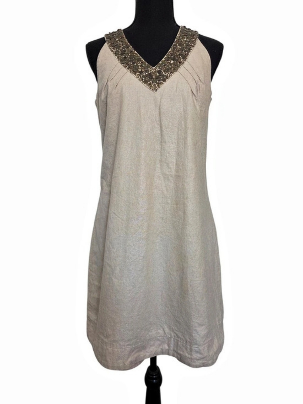 Worthington Embellished Short Linen/Cotton Blend Dress in Beige Size 4